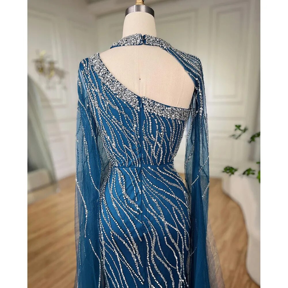 Black Mermaid Elegant Cape Sleeves Beaded Luxury Evening Gown LA72112 - SERENE HILL