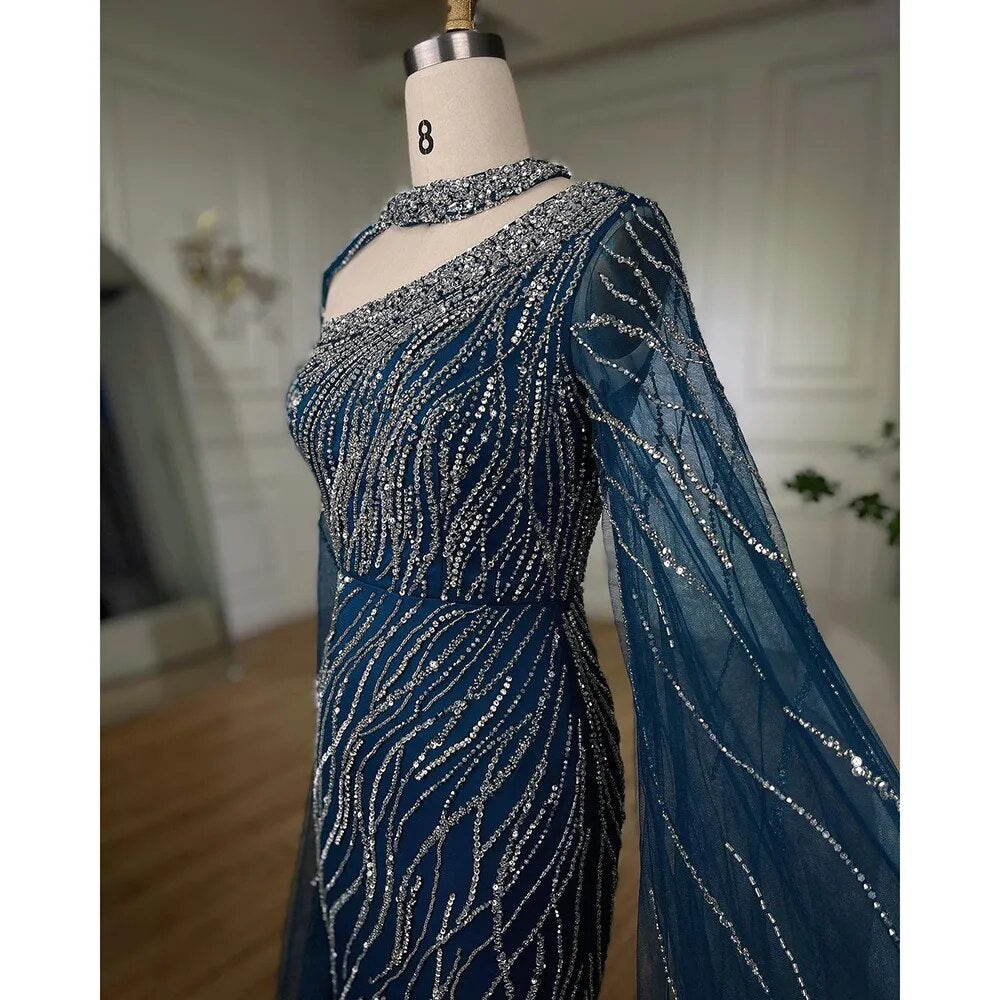 Black Mermaid Elegant Cape Sleeves Beaded Luxury Evening Gown LA72112 - SERENE HILL