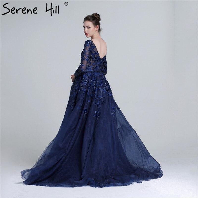 Sale Serene Hill 2025 Dark Blue Deep-V Tulle Evening Dresses Newest Long Sleeve Appliques Sequined Gowns LA6099 - SERENE HILL