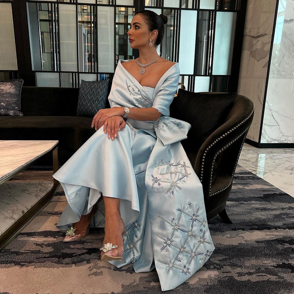 Luxury Dubai Blue Mermaid Arabic Evening Dresses with Cape Shawl LA71895 - SERENE HILL