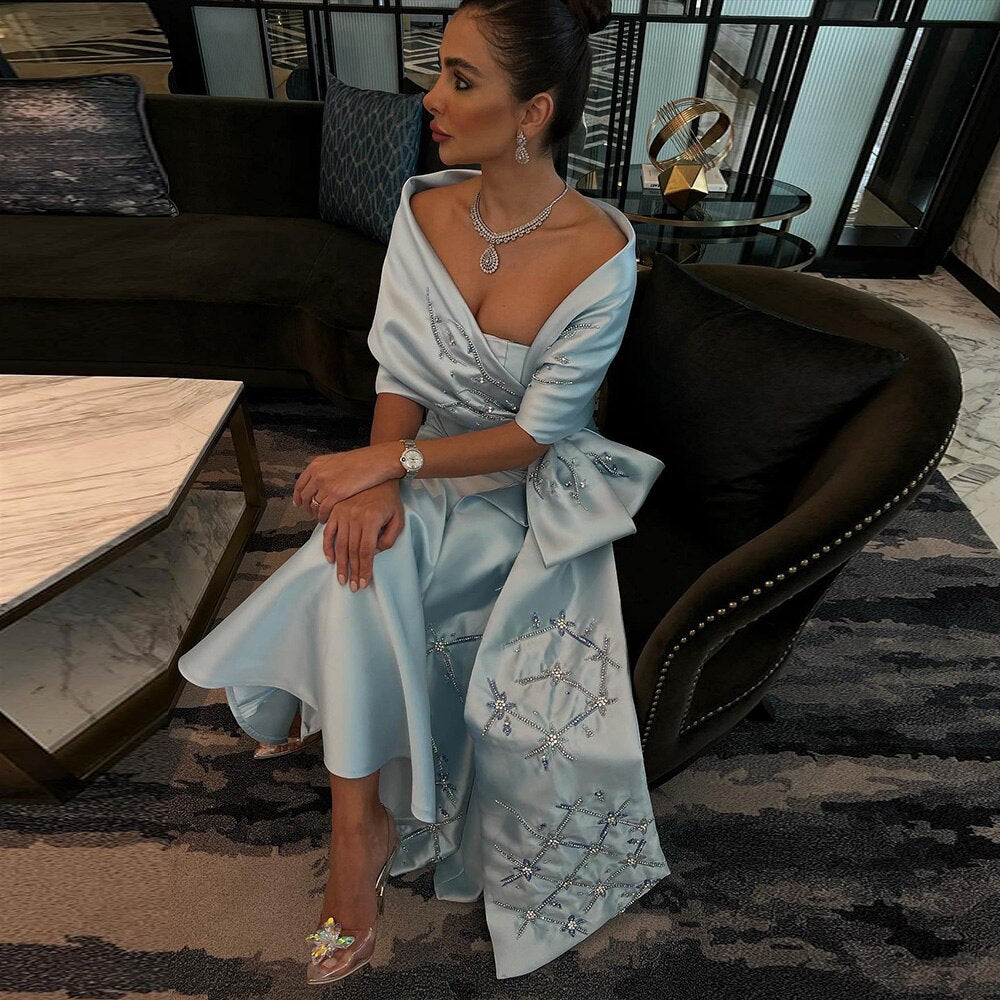 Luxury Dubai Blue Mermaid Arabic Evening Dresses with Cape Shawl LA71895 - SERENE HILL