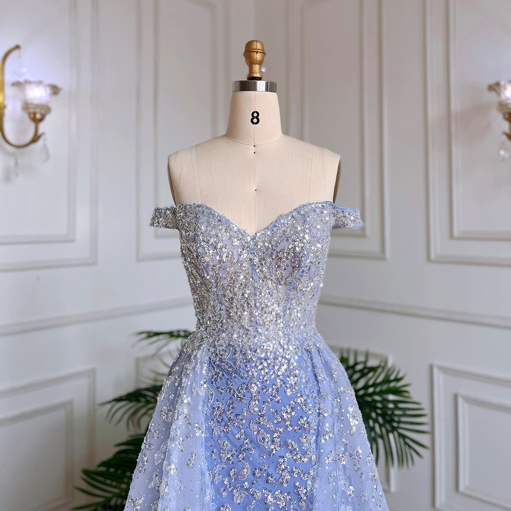 Dubai Luxury Blue Beaded Mermaid Evening Dress with Overskirt LA71796A - SERENE HILL