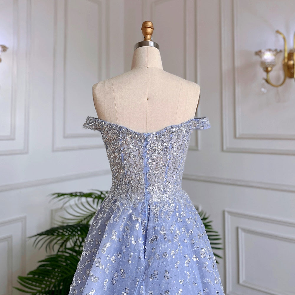 Dubai Luxury Blue Beaded Mermaid Evening Dress with Overskirt LA71796A - SERENE HILL