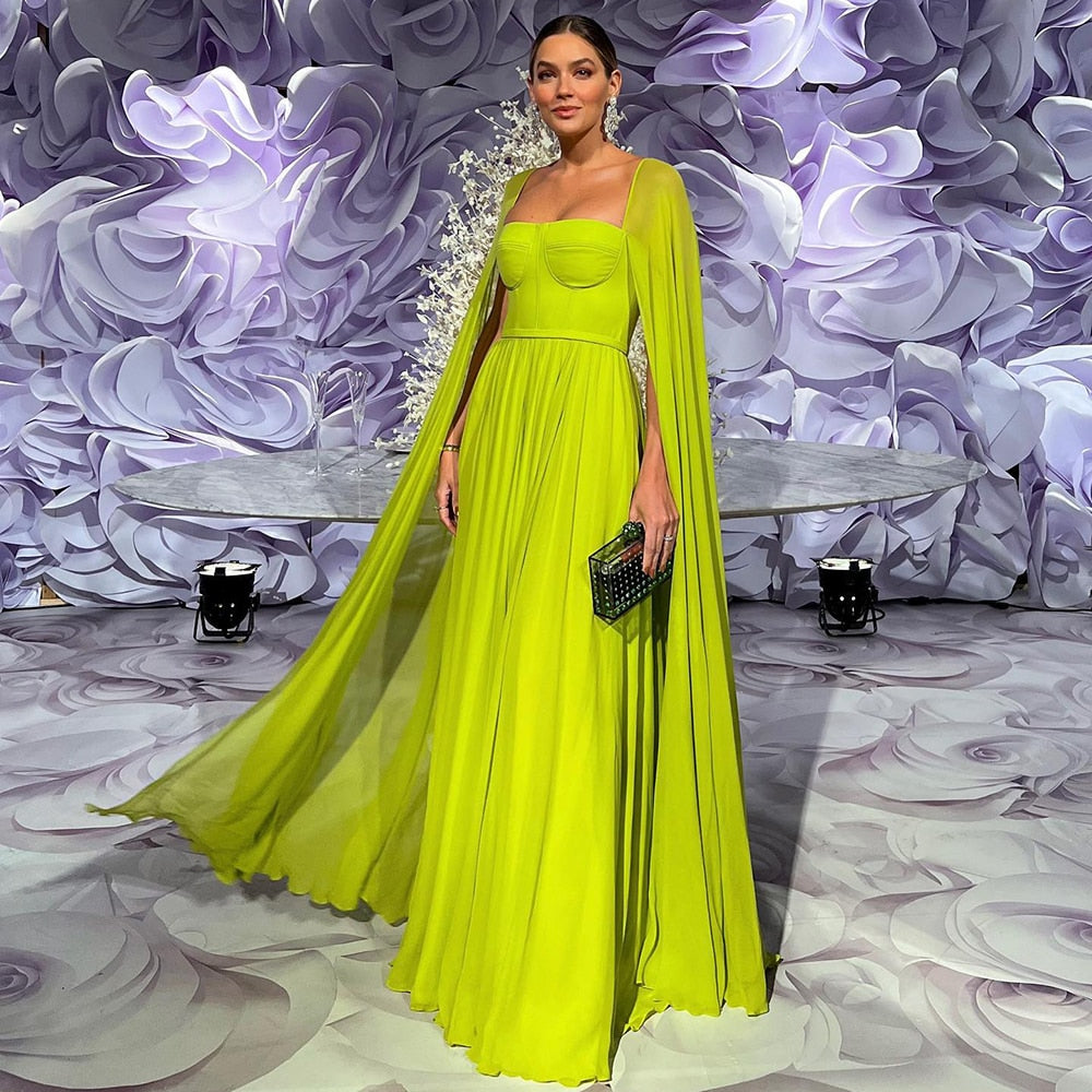 Saudi Arabic Lemon Yellow Dubai Evening Dresses with Cape LA71988 - SERENE HILL