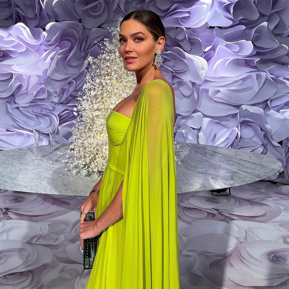 Saudi Arabic Lemon Yellow Dubai Evening Dresses with Cape LA71988 - SERENE HILL
