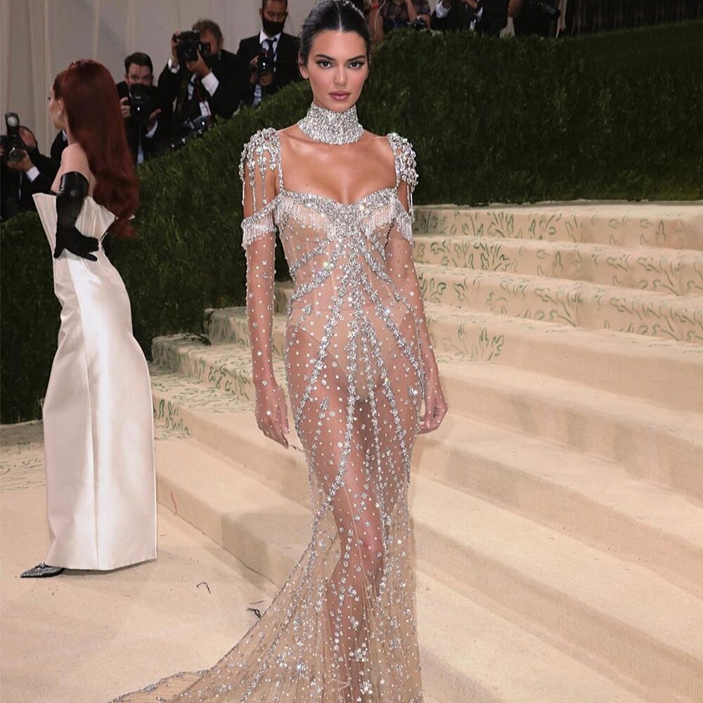 Luxury Arabic Nude Kendall Jenner Mermaid Evening Dress Beaded Tassel LA71540 - SERENE HILL