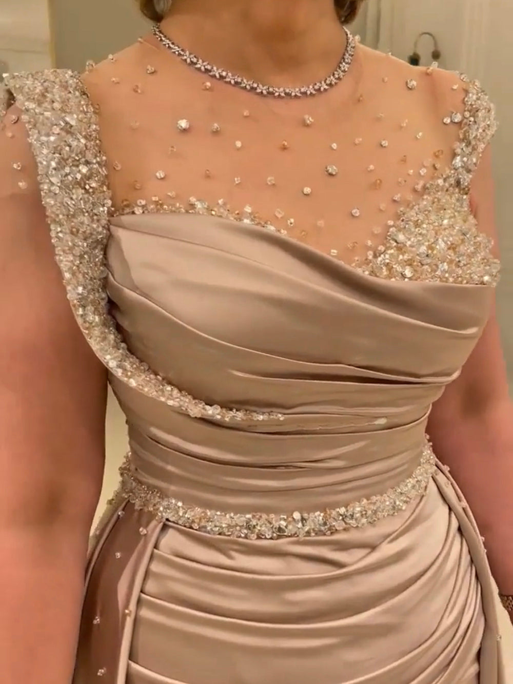 Serene Hill Arabic Nude Mermaid Elegant Satin With Overskirt Evening Dresses Gowns Luxury Beaded 2025 For Women Party LA71725 - SERENE HILL