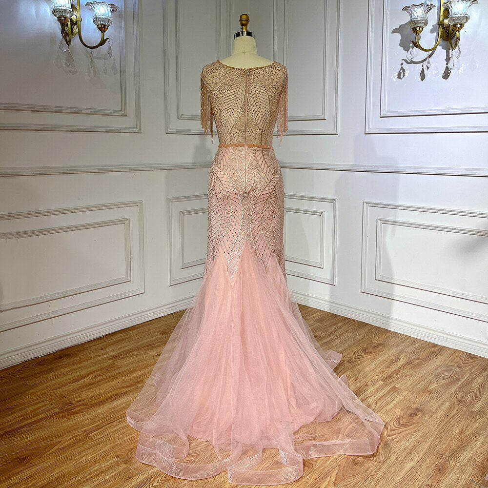 Serene Hill Arabic Peach Mermaid Elegant Tassel Beaded Luxury Evening Dresses Gowns 2025 For Women Wedding Party LA71843 - SERENE HILL