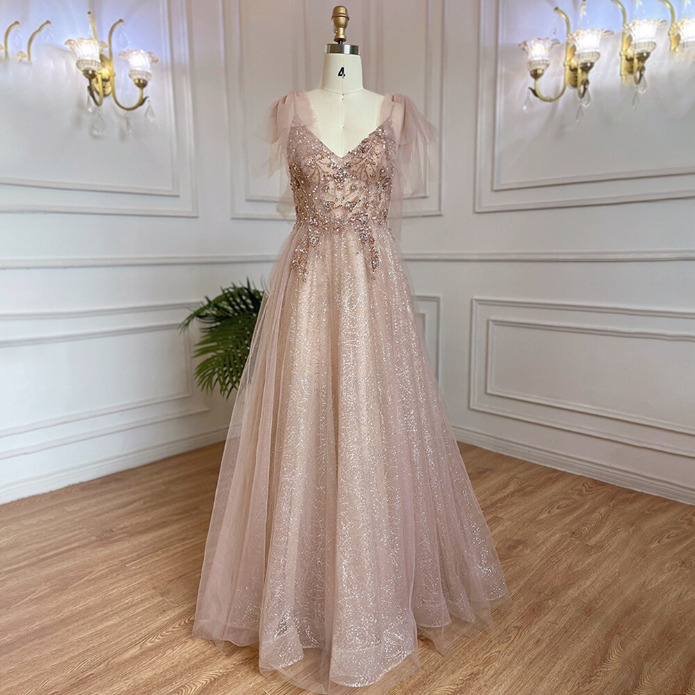 Serene Hill Arabic Pink A-Line Sexy V Neck Beaded Luxury Dubai Long Prom Dress 2025 Gowns For Women Party LA71904 Pink / 4