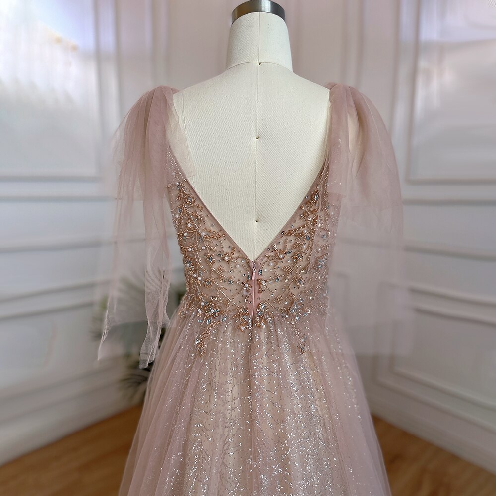 Serene Hill Arabic Pink A-Line Sexy V Neck Beaded Luxury Dubai Long Prom Dress 2025 Gowns For Women Party LA71904 - SERENE HILL