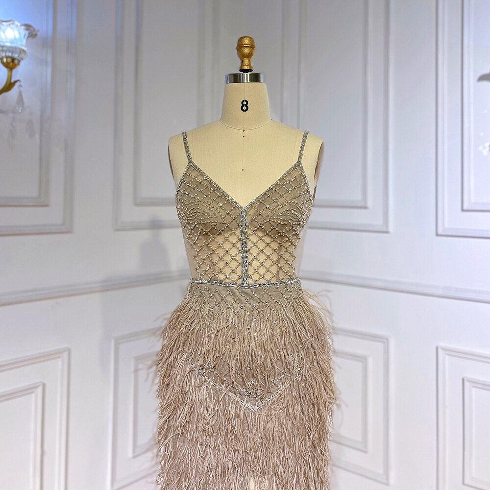Serene Hill Arabic Pink Mermaid Split Feathers Beaded Formal Sexy Prom Dress For Women Wedding Party 2025 LA71827 - SERENE HILL