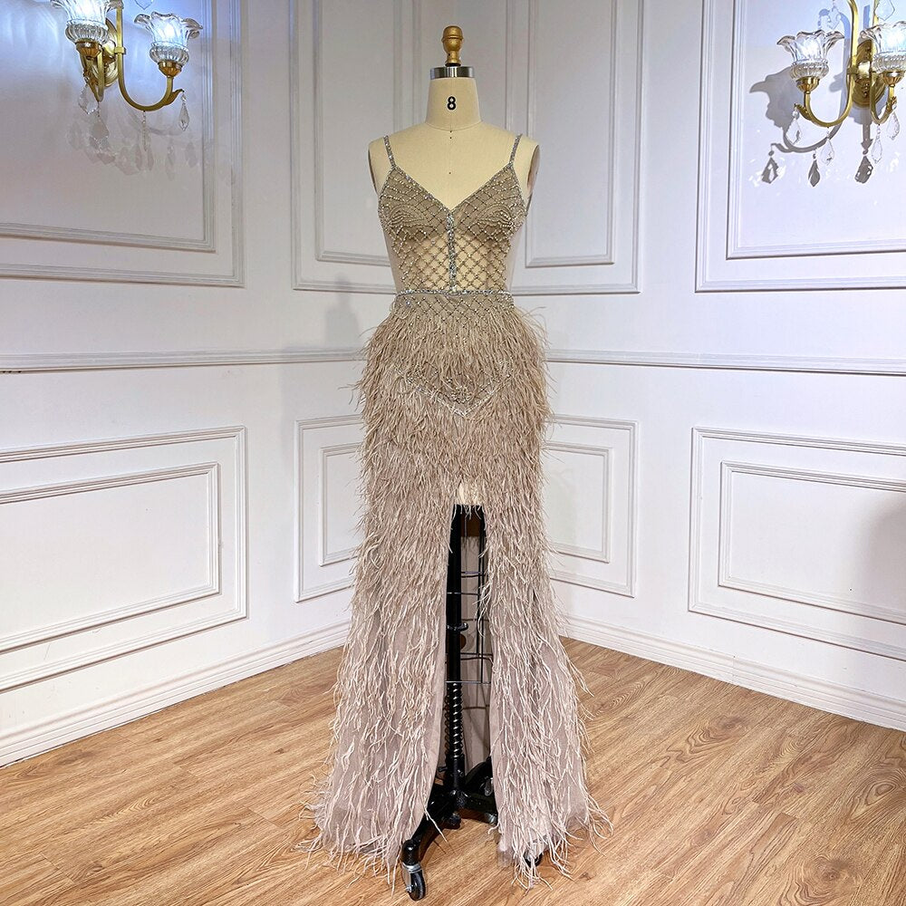 Serene Hill Arabic Pink Mermaid Split Feathers Beaded Formal Sexy Prom Dress For Women Wedding Party 2025 LA71827 - SERENE HILL