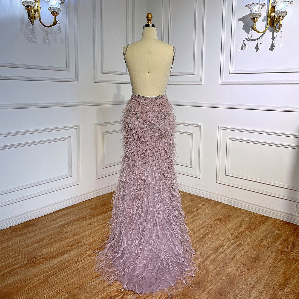 Serene Hill Arabic Pink Mermaid Split Feathers Beaded Formal Sexy Prom Dress For Women Wedding Party 2025 LA71827 - SERENE HILL