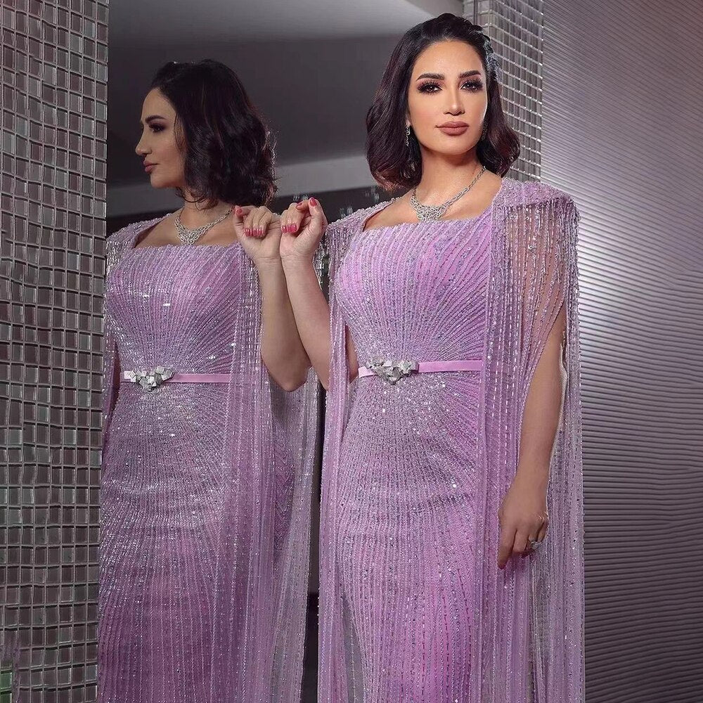 Serene Hill Arabic Purple Mermaid Cape Sleeves Beaded Luxury Dubai Long Evening Dresses Gowns For Women Party 2025 LA71009 - SERENE HILL