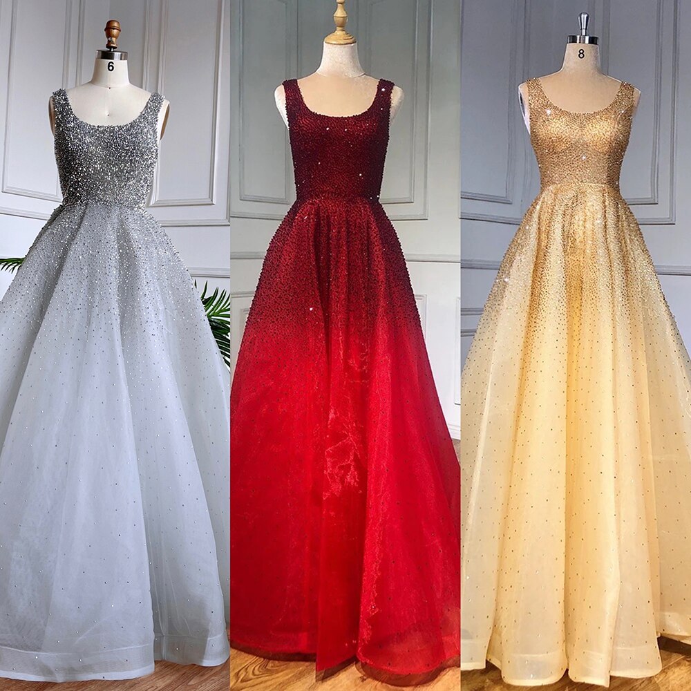 Serene Hill Arabic Red A Line Luxury Crystal Beaded Sexy Dubai Evening Dresses Gowns 2025 For Women Wedding Party LA70232A - SERENE HILL
