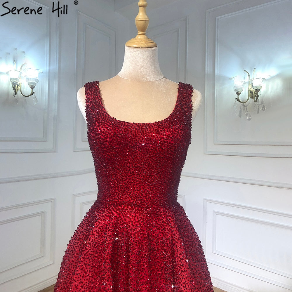 Serene Hill Arabic Red A Line Luxury Crystal Beaded Sexy Dubai Evening Dresses Gowns 2025 For Women Wedding Party LA70232A - SERENE HILL