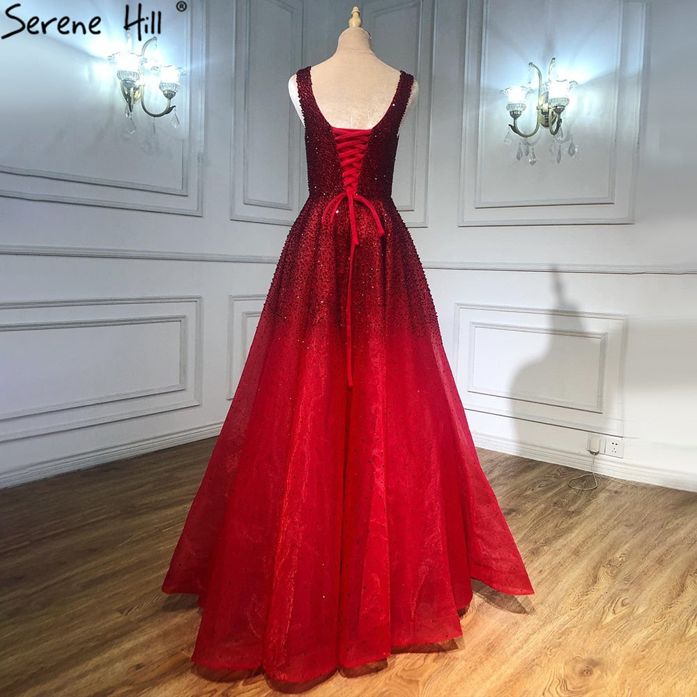Serene Hill Arabic Red A Line Luxury Crystal Beaded Sexy Dubai Evening Dresses Gowns 2025 For Women Wedding Party LA70232A - SERENE HILL