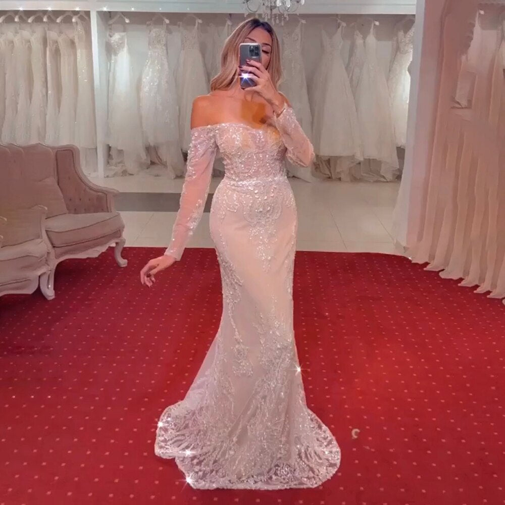 Serene Hill Arabic White Nude Mermaid Elegant Sexy Off The Shoulder Evening Dresses Gowns Luxury Sequined 2025 Party LA71892 - SERENE HILL