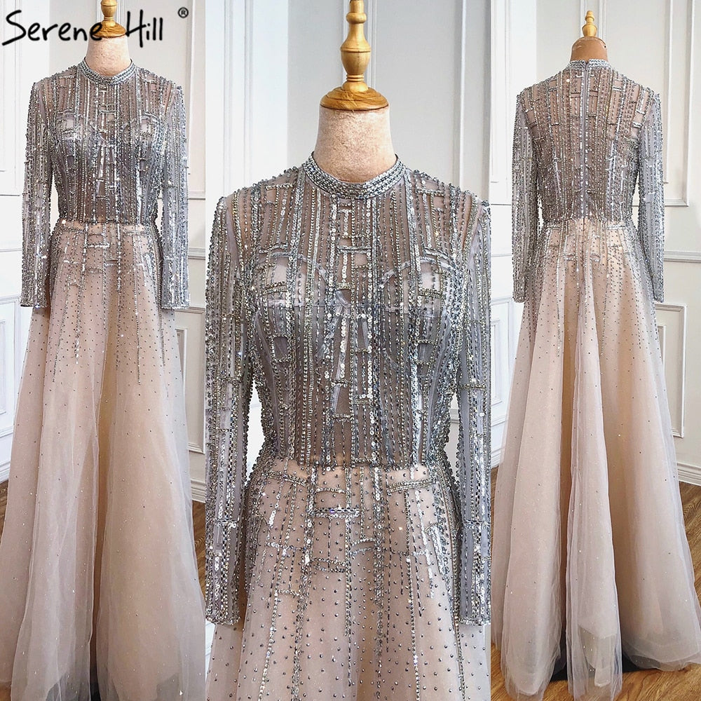 Serene Hill Beading Muslim Long Sleeeves High Co Silver Luxury Evening Dresses Gowns 2025 A-Line Crystal For Women Party LA70514 - SERENE HILL