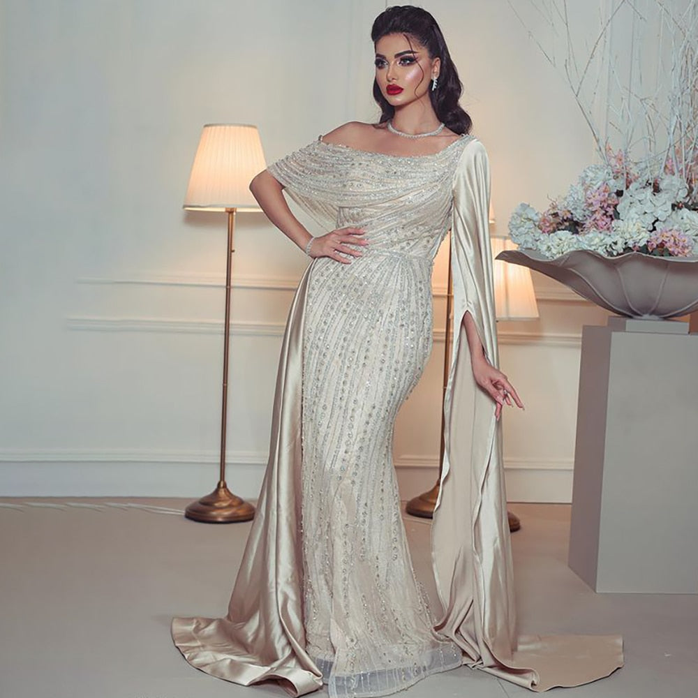 Arabic One Shoulder Mermaid Beige Evening Dress Luxury LA71694 Beige / 2