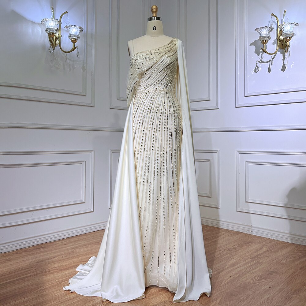 Arabic One Shoulder Mermaid Beige Evening Dress Luxury LA71694 - SERENE HILL