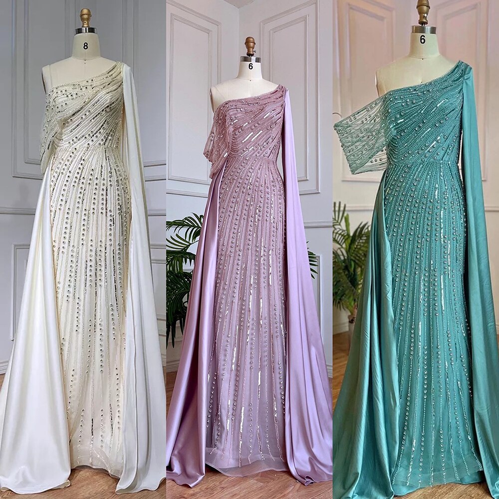 Arabic One Shoulder Mermaid Beige Evening Dress Luxury LA71694 - SERENE HILL