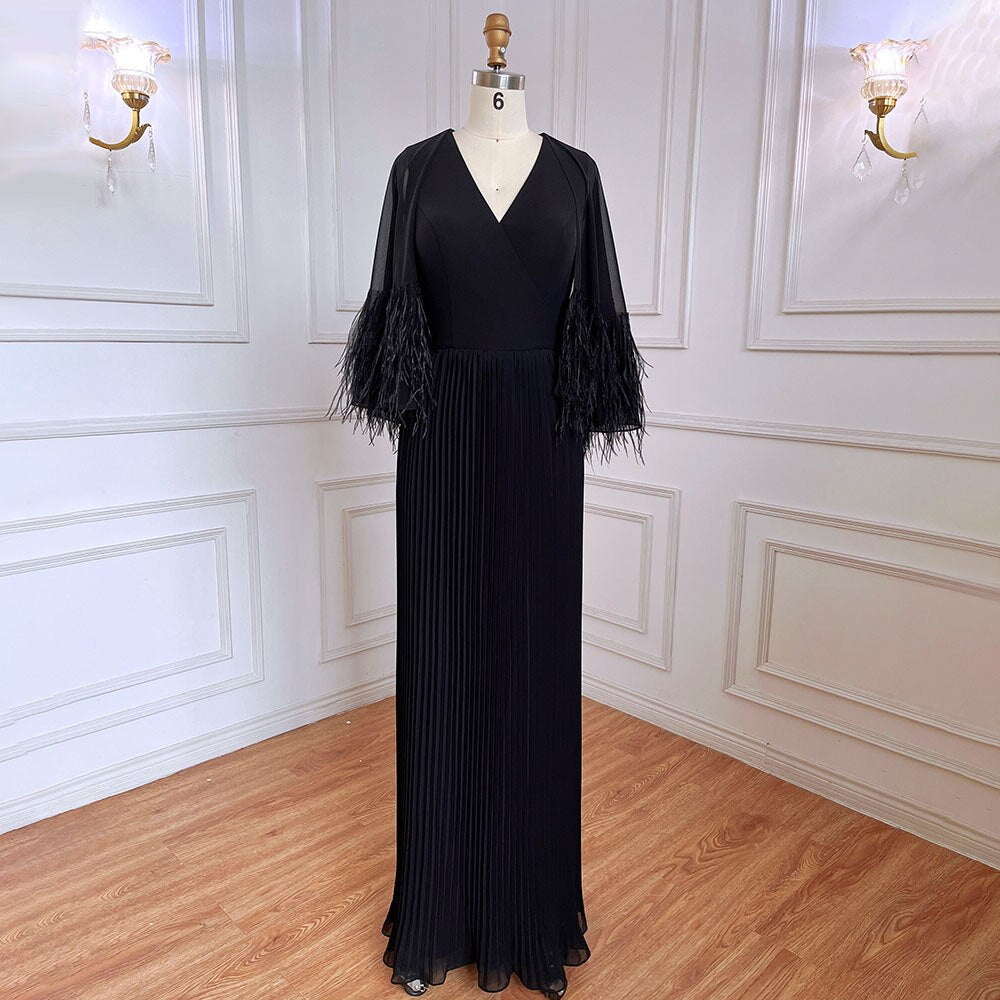 Serene Hill Black Mermaid Elegant Feather Cape Sleeves Morocco Evening Dresses Gowns For Woman Wedding Party 2025 LA71852 - SERENE HILL