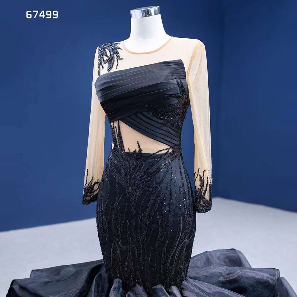 Serene Hill Black Mermaid Puffy Flowers Lace Beaded Long Sleeves Wedding Dresses Bride Gowns Custom Made Ball Gown 2025 HM67499 - SERENE HILL