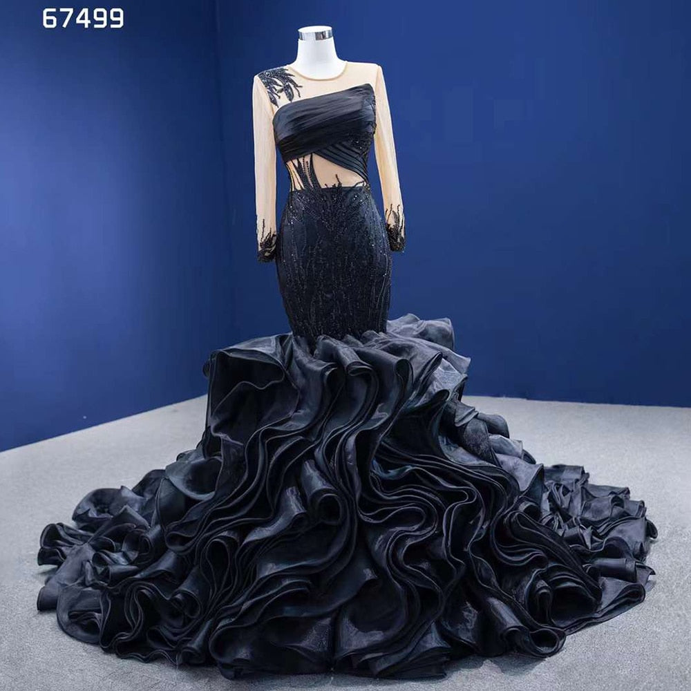 Serene Hill Black Mermaid Puffy Flowers Lace Beaded Long Sleeves Wedding Dresses Bride Gowns Custom Made Ball Gown 2025 HM67499 - SERENE HILL