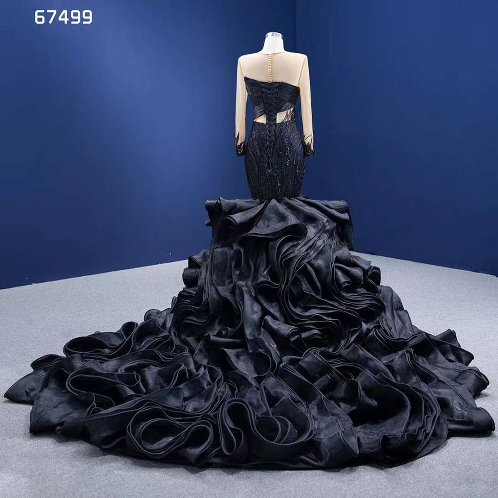 Serene Hill Black Mermaid Puffy Flowers Lace Beaded Long Sleeves Wedding Dresses Bride Gowns Custom Made Ball Gown 2025 HM67499 - SERENE HILL