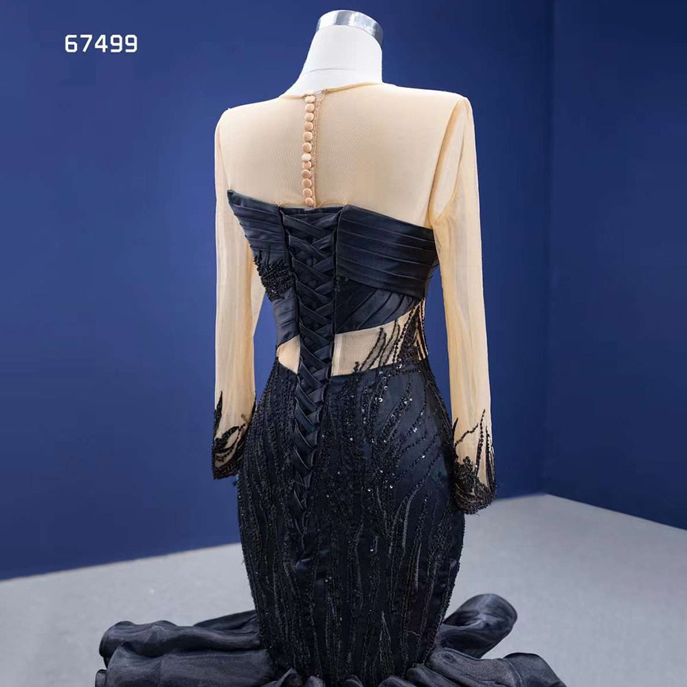 Serene Hill Black Mermaid Puffy Flowers Lace Beaded Long Sleeves Wedding Dresses Bride Gowns Custom Made Ball Gown 2025 HM67499 - SERENE HILL