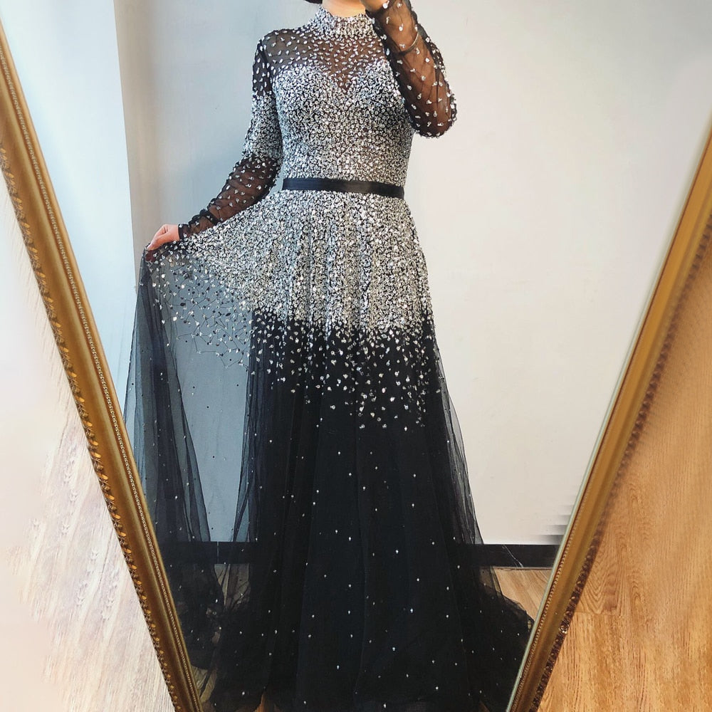 Serene Hill Black Silver A-Line High Neck Evening Dresses Sequined Long Sleeves Sexy Formal 2025 For Women Party LA70066 - SERENE HILL