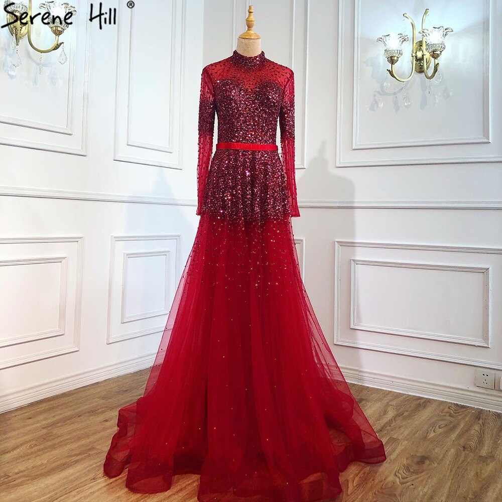 Serene Hill Black Silver A-Line High Neck Evening Dresses Sequined Long Sleeves Sexy Formal 2025 For Women Party LA70066 - SERENE HILL