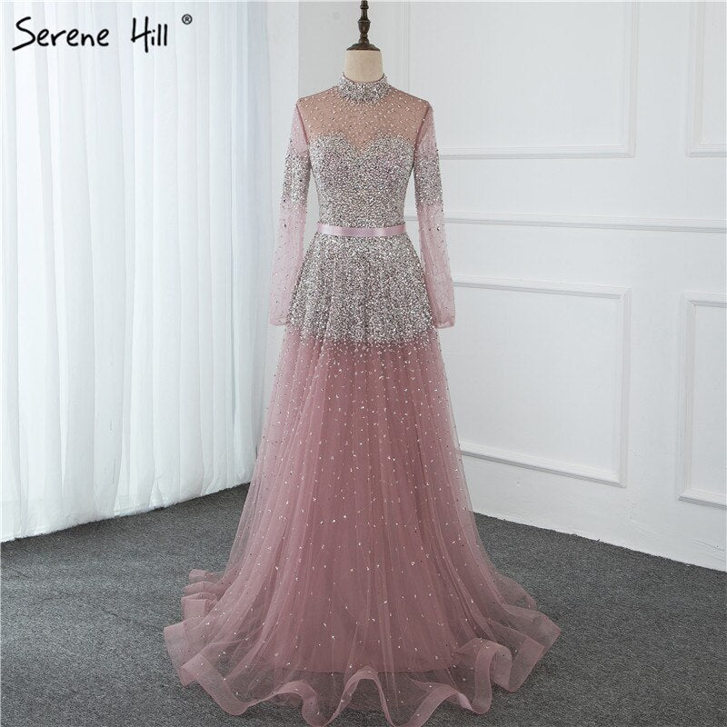 Serene Hill Black Silver A-Line High Neck Evening Dresses Sequined Long Sleeves Sexy Formal 2025 For Women Party LA70066 - SERENE HILL