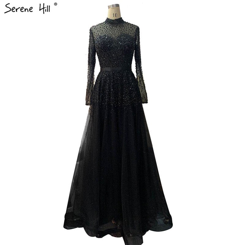 Serene Hill Black Silver A-Line High Neck Evening Dresses Sequined Long Sleeves Sexy Formal 2025 For Women Party LA70066 - SERENE HILL
