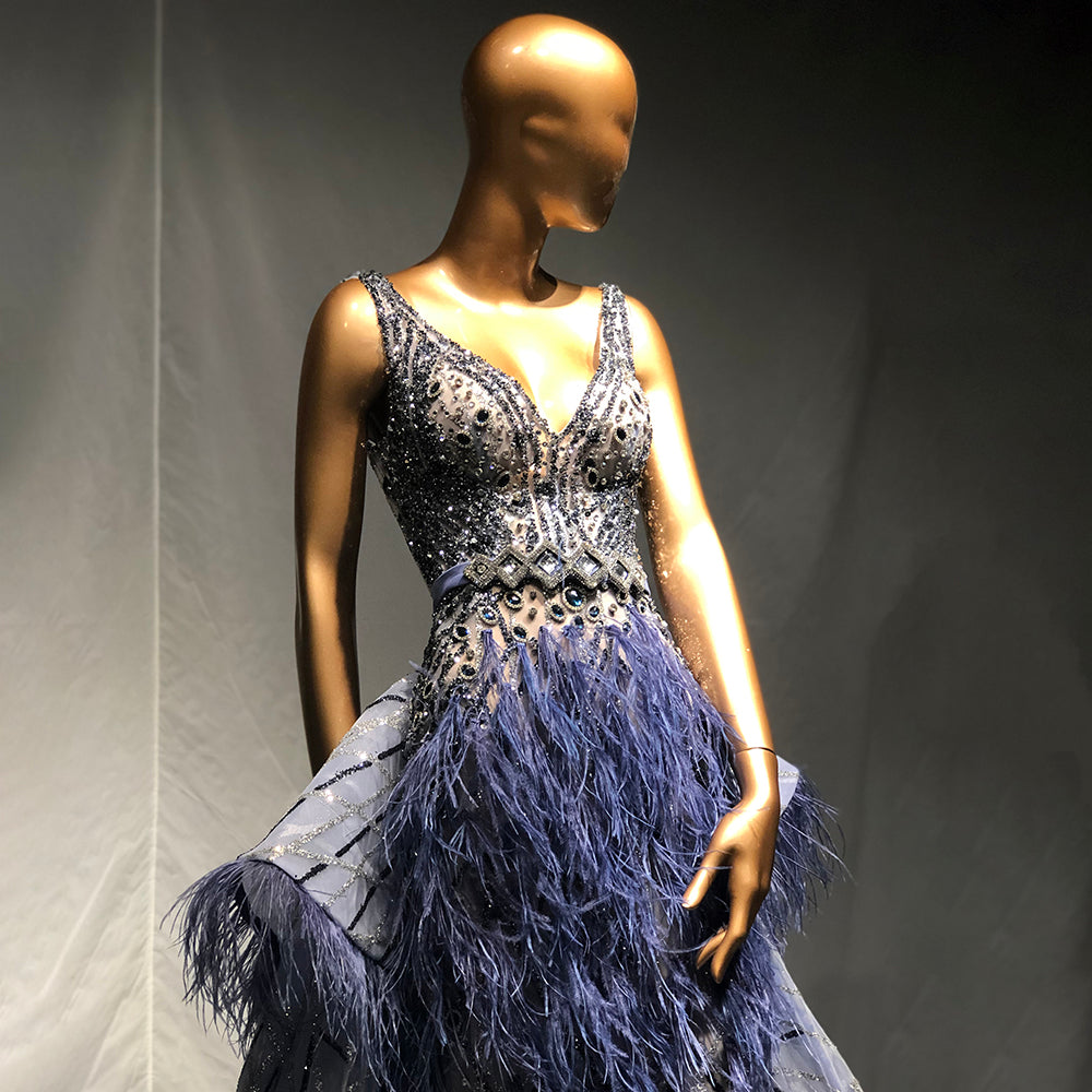 Serene Hill Blue Beaded Feather Evening Dresses Gowns 2025 Mermaid Luxury Elegant Overskirt For Women Wedding Party LA71586 - SERENE HILL