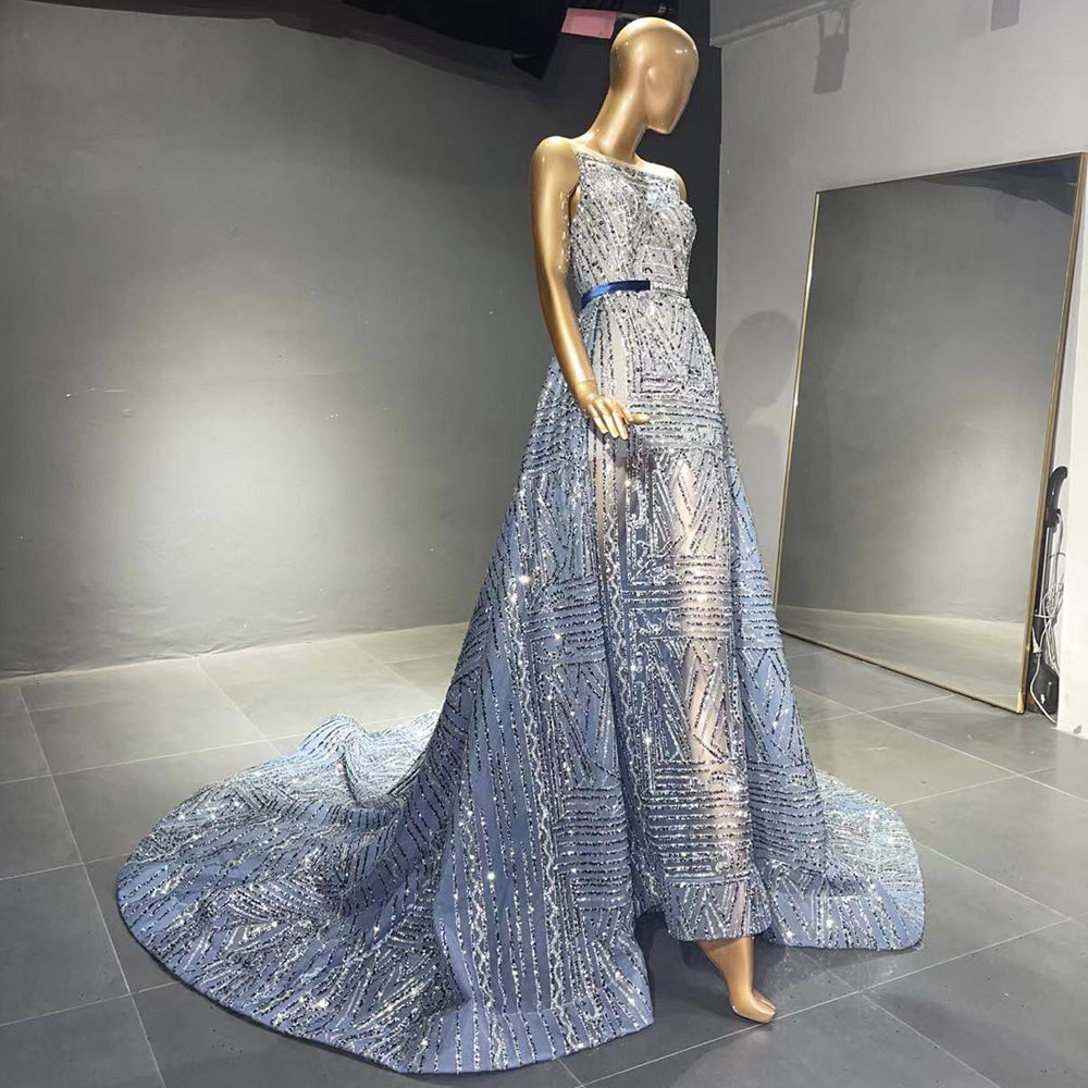 Serene Hill Blue Beaded Sleeveless Evening Dresses Gowns 2025 Luxury A-Line Overskirt For Women Wedding Party LA71588 - SERENE HILL