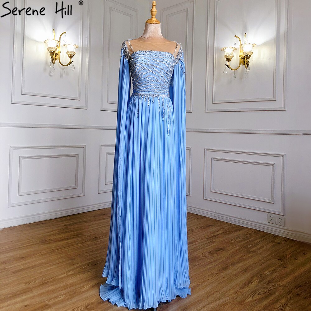 Serene Hill Blue Cape Sleeves Evening Dresses Gowns 2025 Beaded A-Line Chiffon For Women Party LA71319 - SERENE HILL