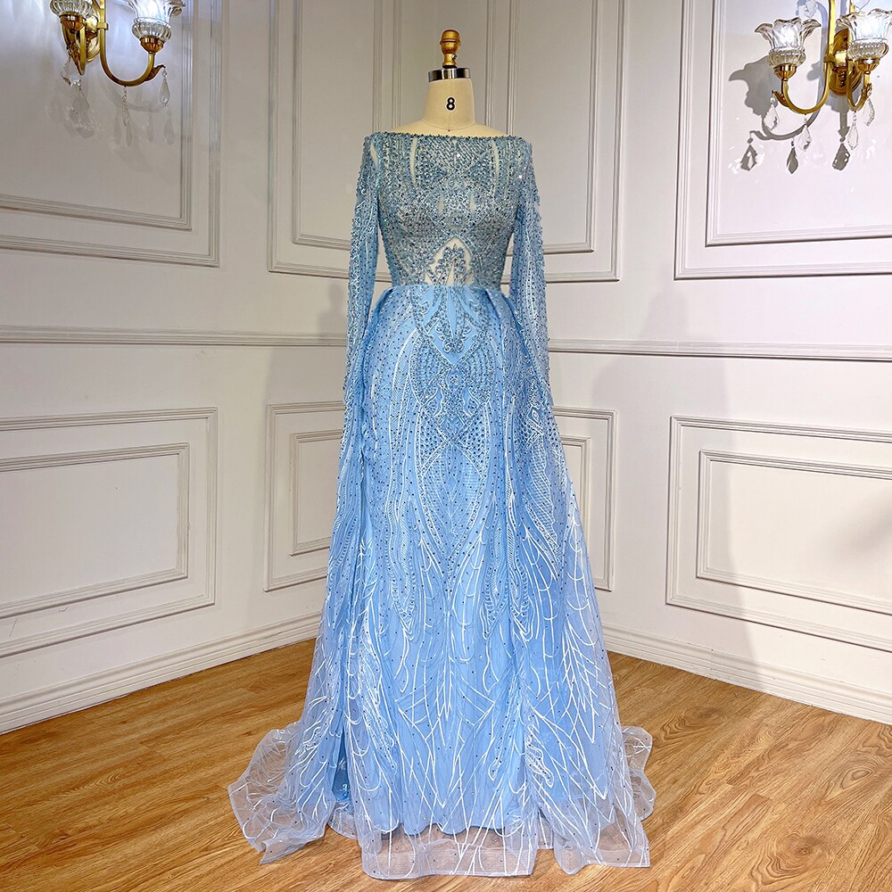 Serene Hill Blue Elegant Mermaid Over Skirt Lace Beaded Floor Length Muslim Evening Dresses Gowns For Women Party 2025 LA71830 - SERENE HILL