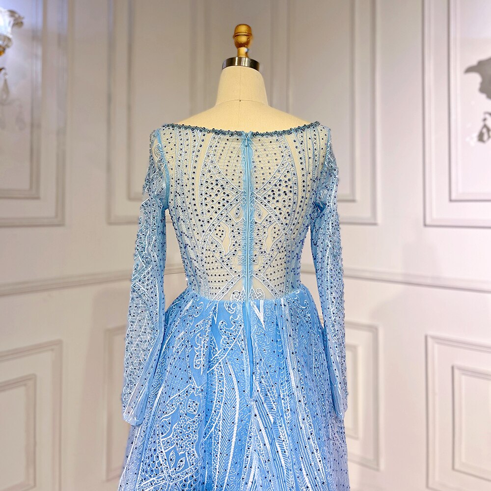 Serene Hill Blue Elegant Mermaid Over Skirt Lace Beaded Floor Length Muslim Evening Dresses Gowns For Women Party 2025 LA71830 - SERENE HILL