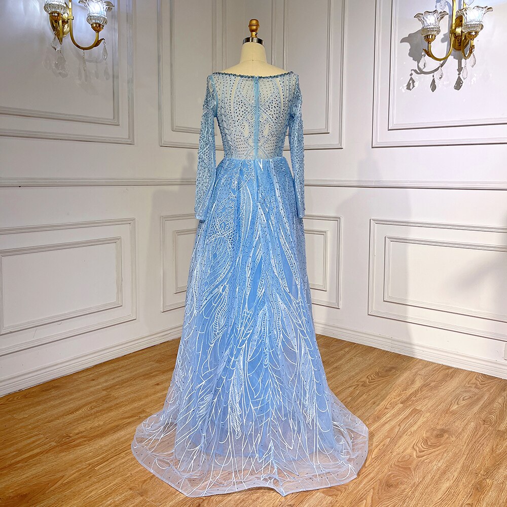 Serene Hill Blue Elegant Mermaid Over Skirt Lace Beaded Floor Length Muslim Evening Dresses Gowns For Women Party 2025 LA71830 - SERENE HILL