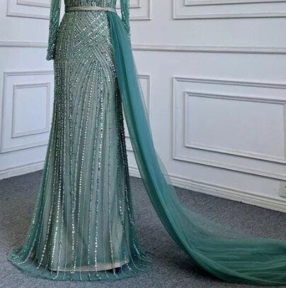 Serene Hill Blue Elegant Mermaid Sexy One Shoulder Beaded Luxury Evening Dresses Gowns For Women Party 2025 LA71429A - SERENE HILL