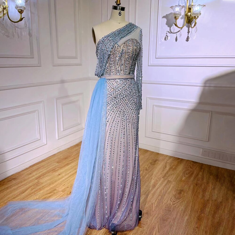 Serene Hill Blue Elegant Mermaid Sexy One Shoulder Beaded Luxury Evening Dresses Gowns For Women Party 2025 LA71429A - SERENE HILL