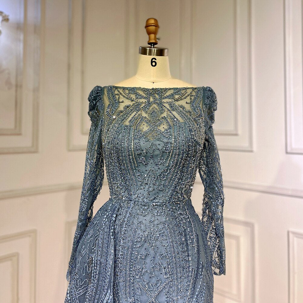 Serene Hill Blue Elegant Over Skirt Mermaid Sexy Lace Beaded Luxury Evening Dresses Gowns For Women Muslim Party 2025 LA71833 - SERENE HILL