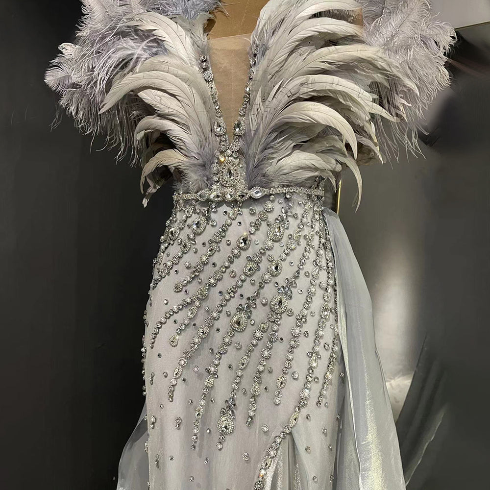 Serene Hill Blue Feather Beaded Evening Dresses Gowns 2025 Mermaid Luxury Elegant For Women Party LA71587 - SERENE HILL