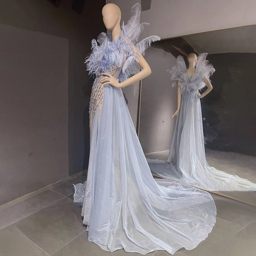 Serene Hill Blue Feather Beaded Evening Dresses Gowns 2025 Mermaid Luxury Elegant For Women Party LA71587 - SERENE HILL
