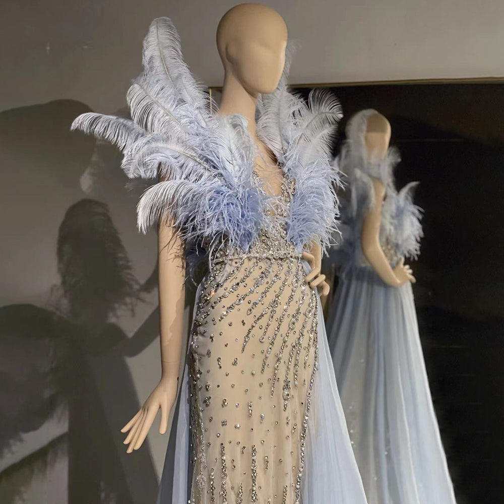Serene Hill Blue Feather Beaded Evening Dresses Gowns 2025 Mermaid Luxury Elegant For Women Party LA71587 - SERENE HILL