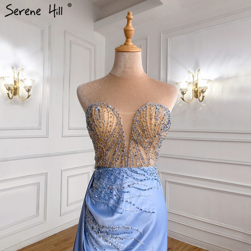 Serene Hill Blue High Split Mermaid Evening Dresses Gowns 2025 Beaded Elegant Stain For Women Party LA71262 - SERENE HILL