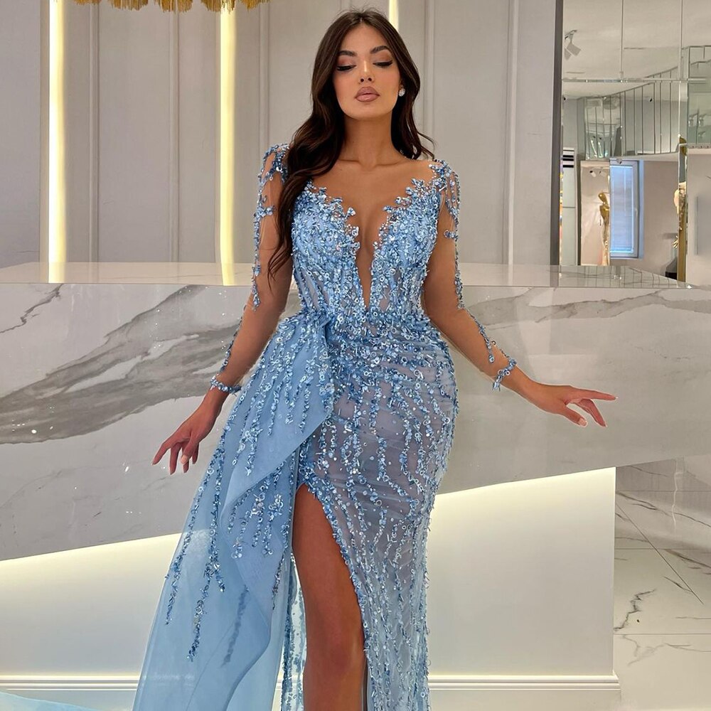 Serene Hill Blue Long Sleevele Elegant Mermaid High Split Evening Dresses 2025 Women Sexy Party Gowns with Side Skirt LA72044 - SERENE HILL