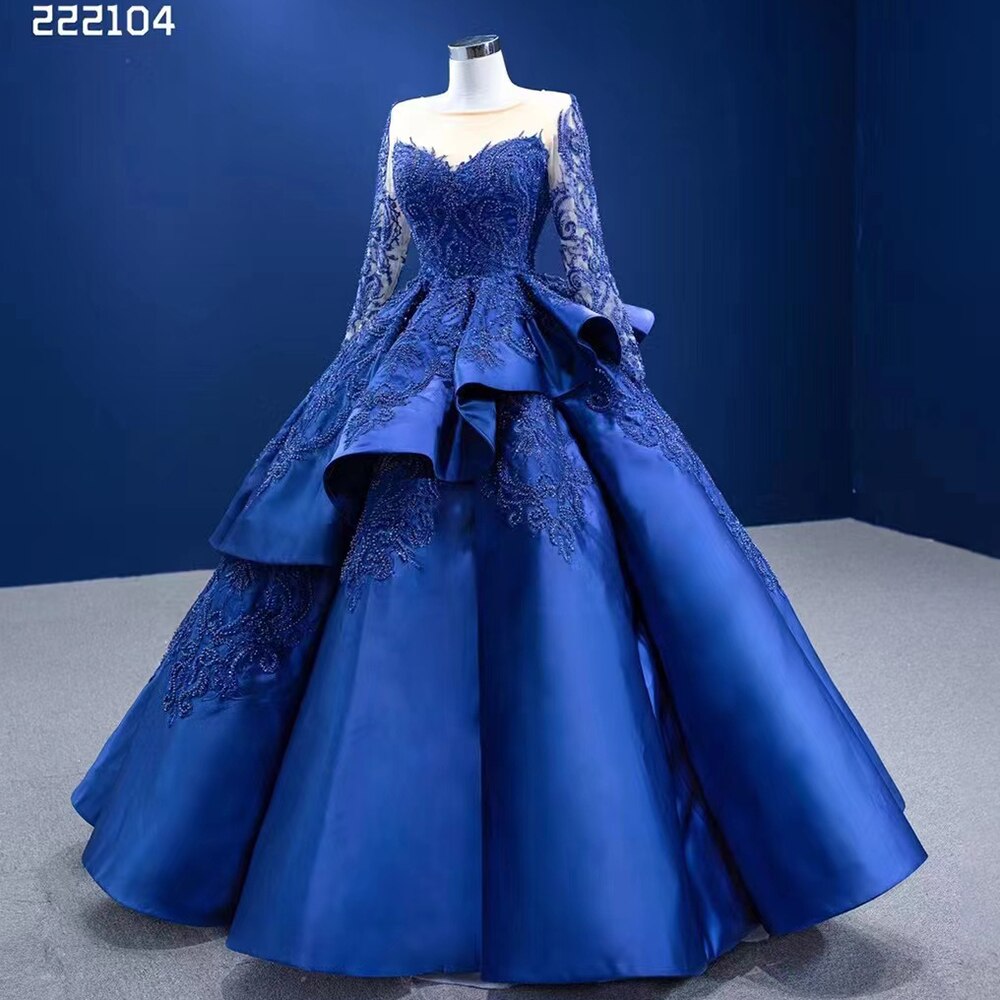 Serene Hill Blue Long Ssleeves Beaded Lace Lace Up Ball Gown Bride Gowns Wedding Dress High End Custom Made 2025 HM222104 - SERENE HILL